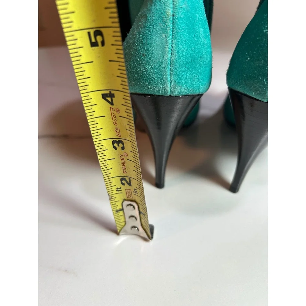 Vtg Turquoise Suede Faux Fur Trim Ankle Boots Animal Print Buckle Stiletto Heels